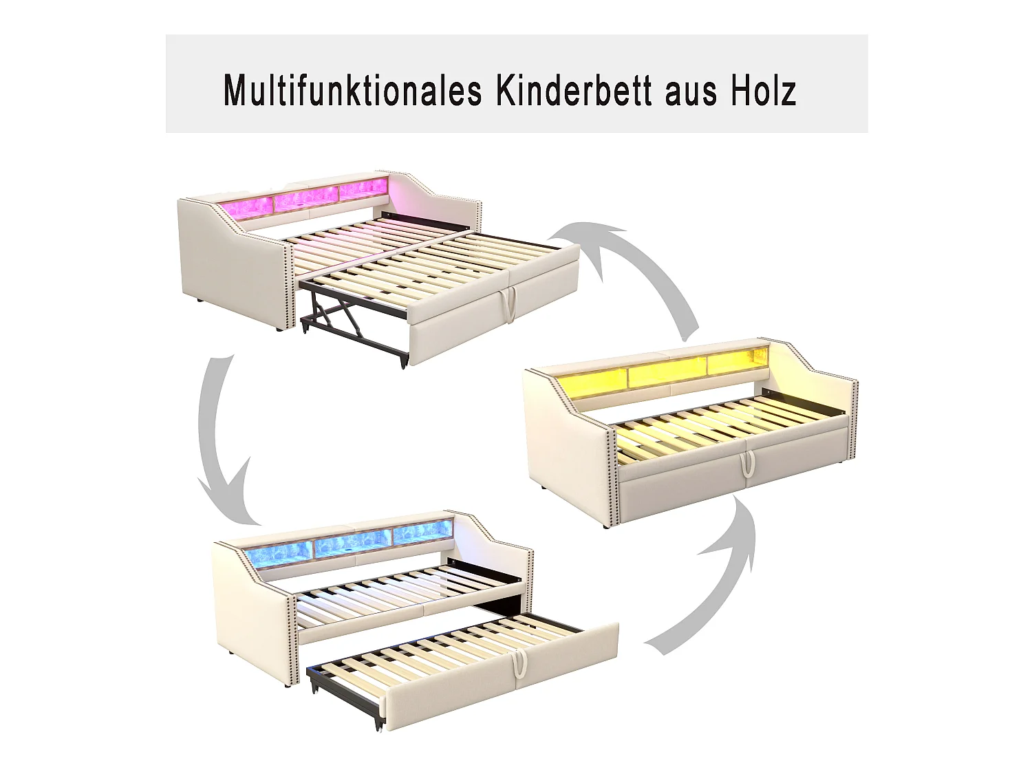 Divano letto estraibile imbottito - 90/180 x 200 cm - con contenitore + LED + porta USB - Lino + metallo + compensato + MDF - beige