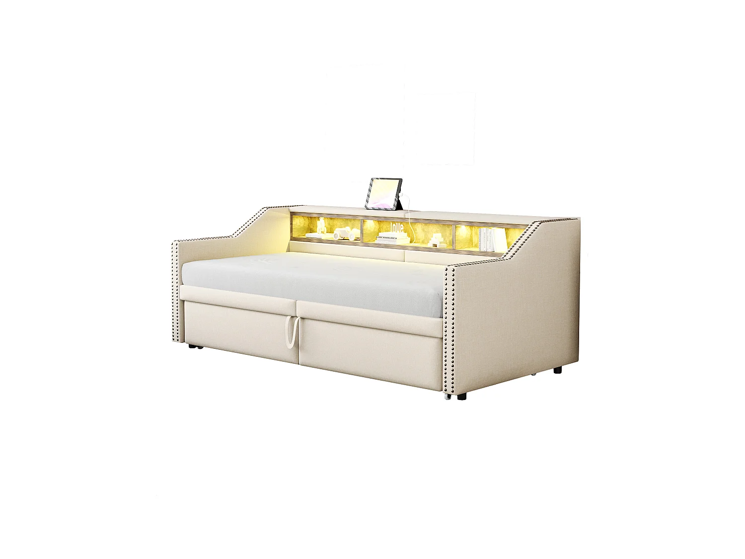 Divano letto estraibile imbottito - 90/180 x 200 cm - con contenitore + LED + porta USB - Lino + metallo + compensato + MDF - beige