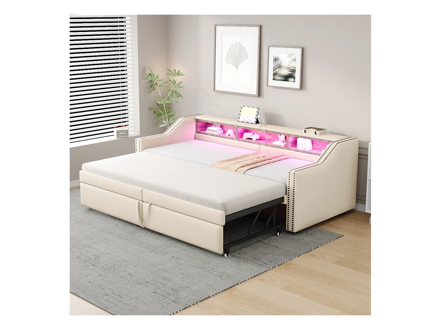 Canapé-lit rembourré gigogne - 90/180 x 200 cm - avec rangement + Leds + port USB -  Lin + métal + contreplaqué + MDF - beige