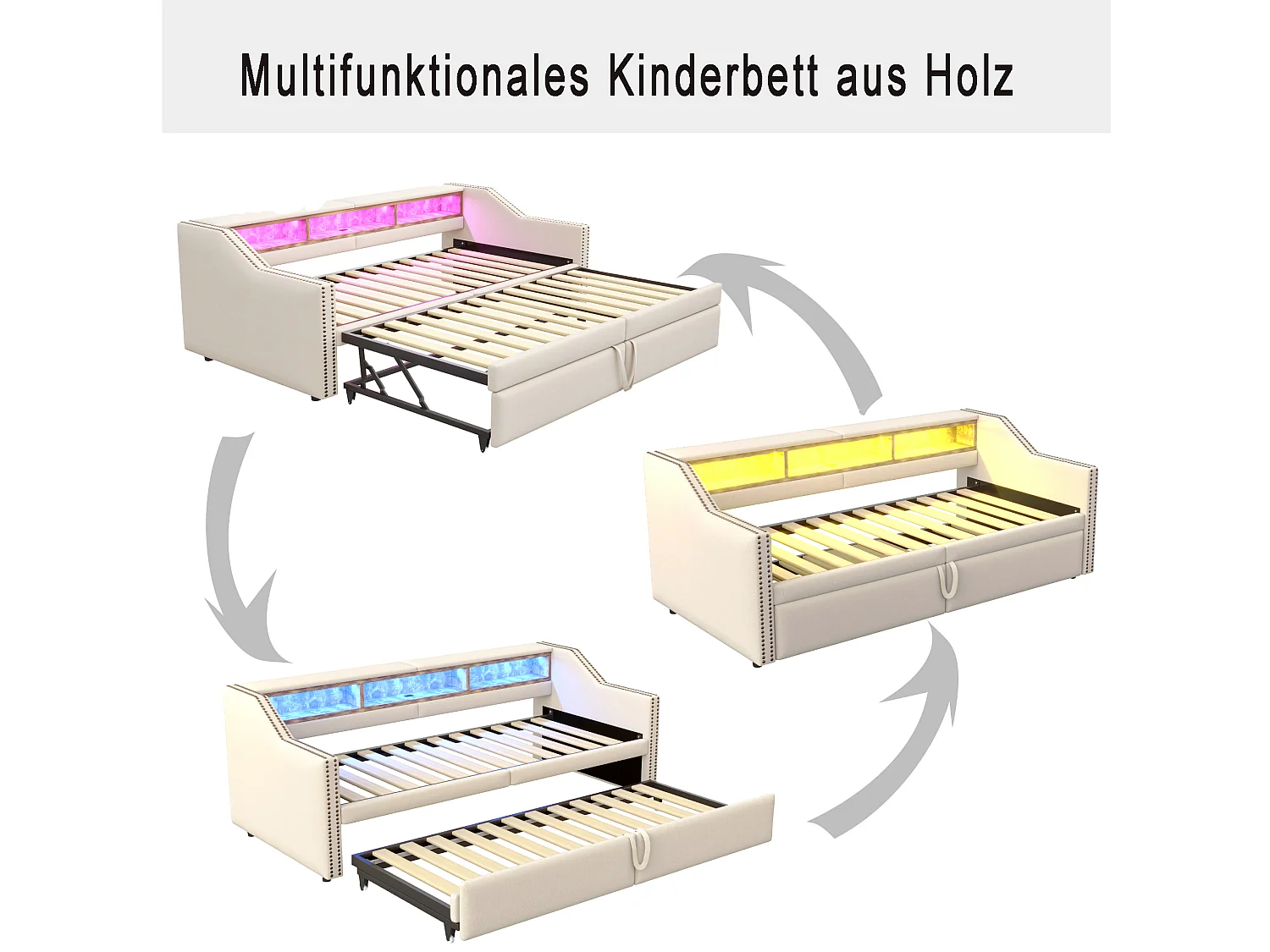 Sofá cama extraíble tapizado - 90/180 x 200 cm - con almacenamiento, LED y puerto USB - Lino, metal, contrachapado y MDF - beige