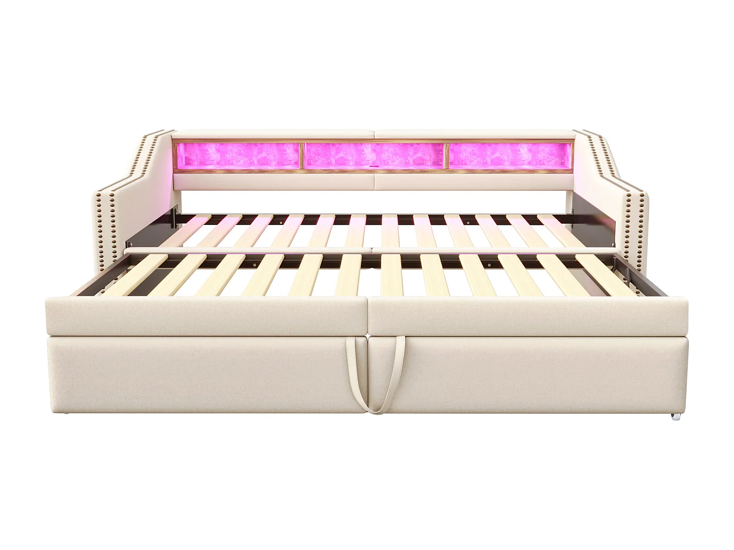 Sofá cama extraíble tapizado - 90/180 x 200 cm - con almacenamiento, LED y puerto USB - Lino, metal, contrachapado y MDF - beige