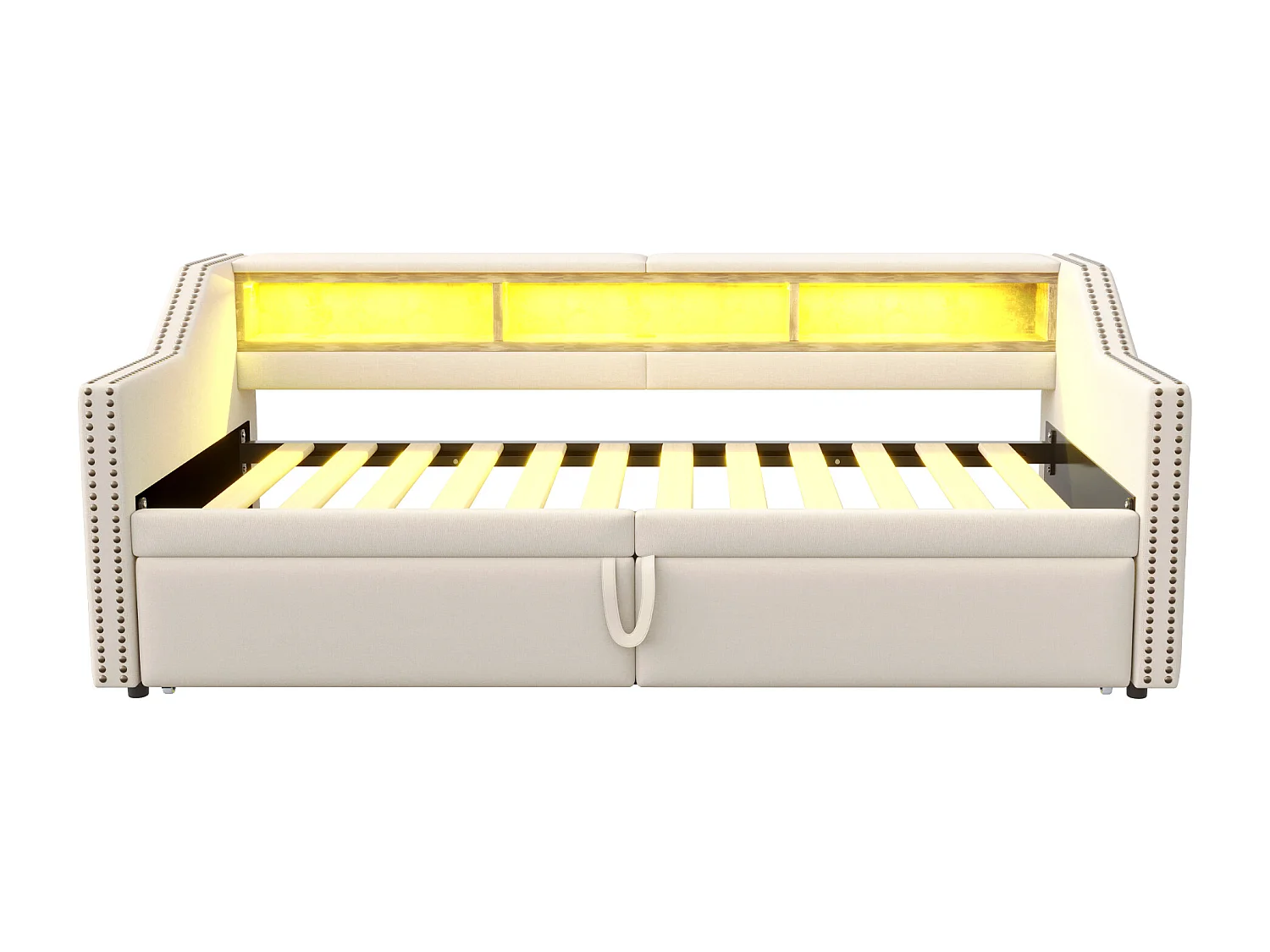 Sofá cama extraíble tapizado - 90/180 x 200 cm - con almacenamiento, LED y puerto USB - Lino, metal, contrachapado y MDF - beige