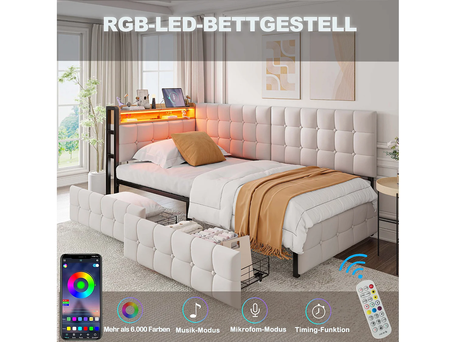 Canapé-lit rembourré pour enfant - 90 x 200 cm - avec 2 tiroirs + Leds + USB + Type - Velours + métal + contreplaqué + MDF - beige