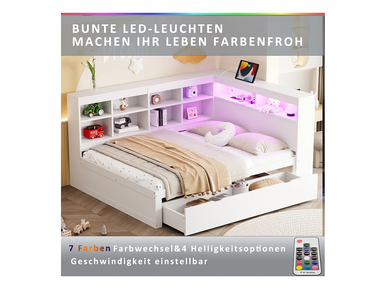 Kinderschlafsofa – 140 x 200 cm – mit 1 Schublade + USB + LEDs – mit Ablageflächen – Holz – Weiß
