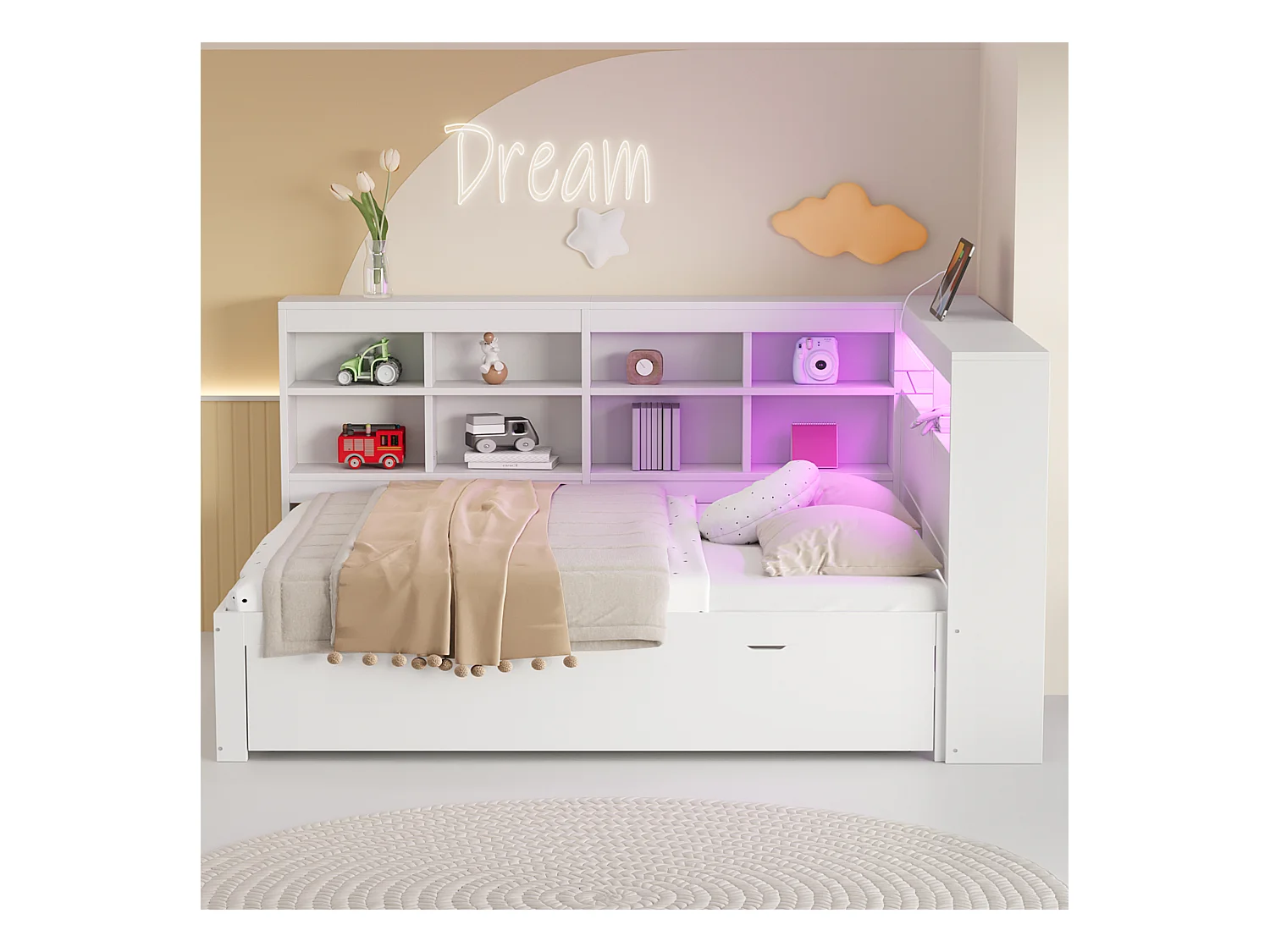Canapé-lit pour enfant - 140 x 200 cm - avec 1 tiroir + USB + Leds - avec étagères de rangement - en bois - blanc