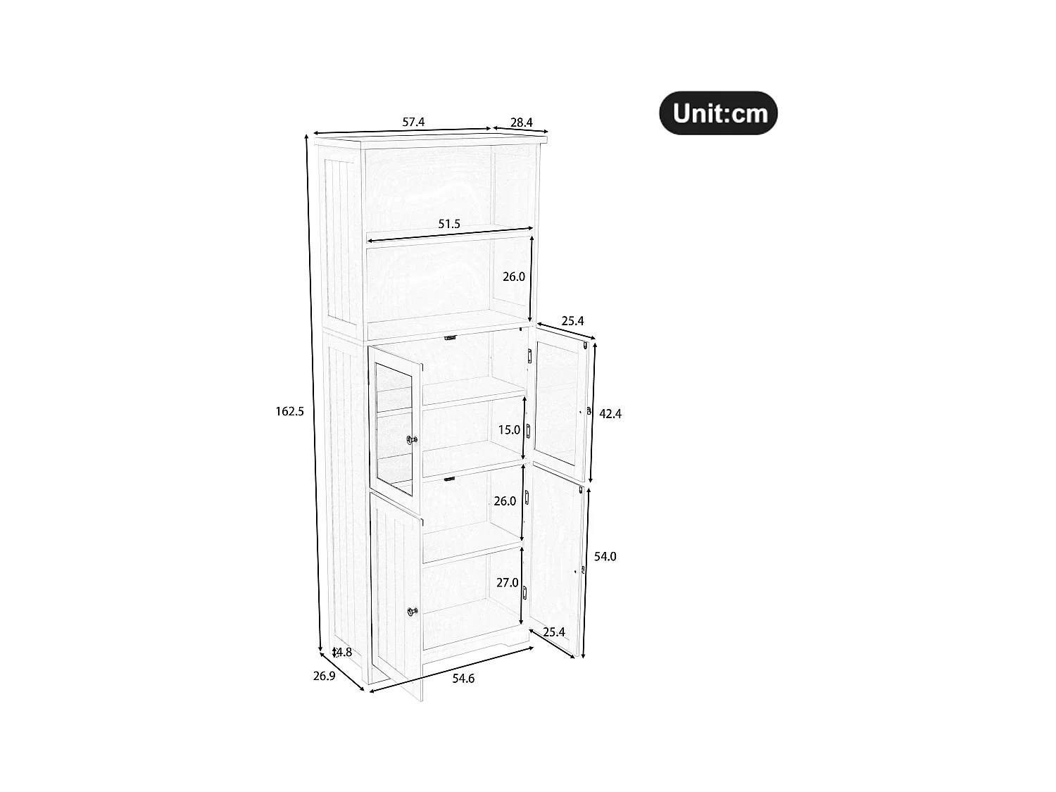 Colonne salle de bain - 57.5 x 28.5 x 160 cm - avec 2 portes vitrée + 2 portes en bois + 2 rangement ouverts - MDF - blanc