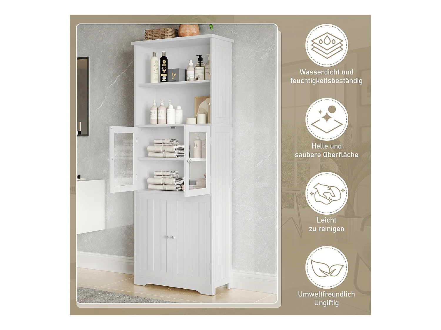 Colonne salle de bain - 57.5 x 28.5 x 160 cm - avec 2 portes vitrée + 2 portes en bois + 2 rangement ouverts - MDF - blanc
