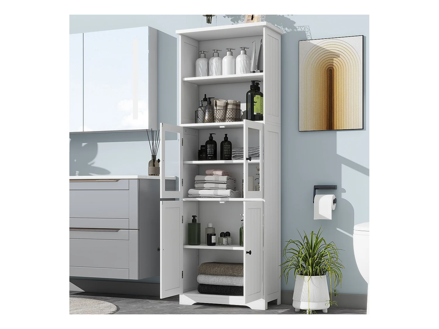Badezimmerschrank – 57,5 ​​x 28,5 x 160 cm – mit 2 Glastüren + 2 Holztüren + 2 offenen Fächern – MDF – Weiß