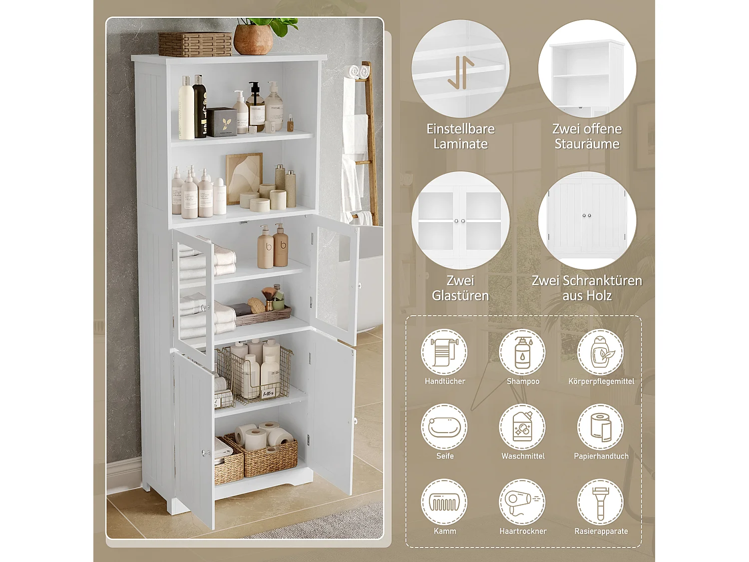 Colonne salle de bain - 57.5 x 28.5 x 160 cm - avec 2 portes vitrée + 2 portes en bois + 2 rangement ouverts - MDF - blanc