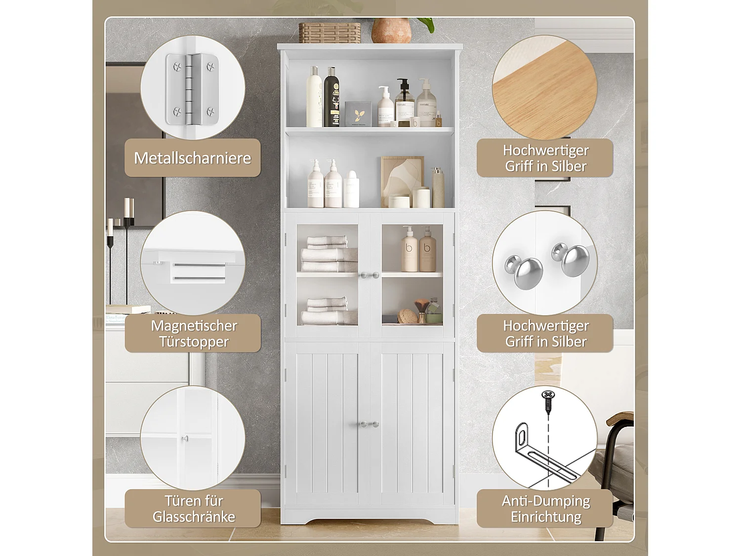 Colonne salle de bain - 57.5 x 28.5 x 160 cm - avec 2 portes vitrée + 2 portes en bois + 2 rangement ouverts - MDF - blanc