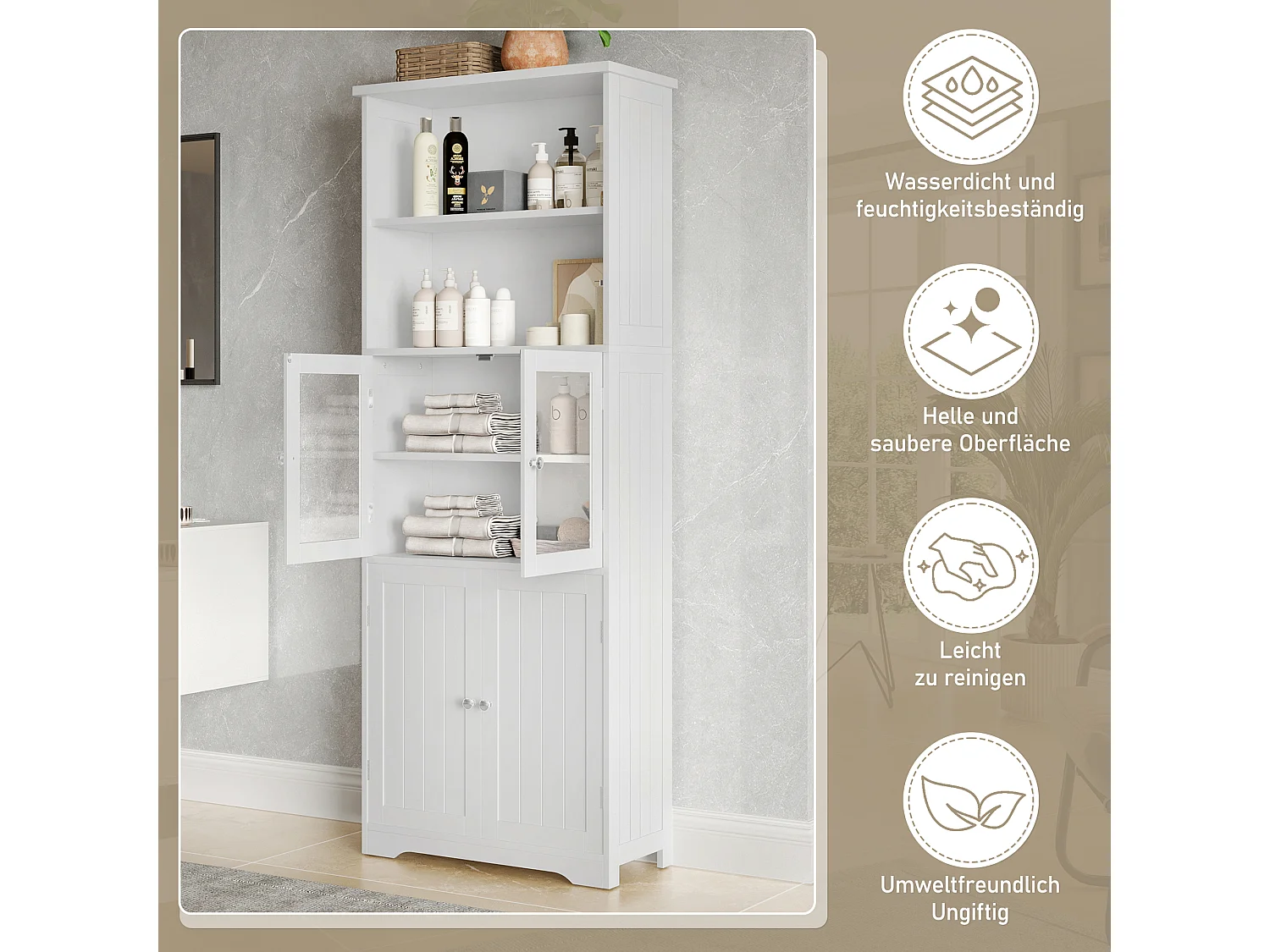 Colonne salle de bain - 57.5 x 28.5 x 160 cm - avec 2 portes vitrée + 2 portes en bois + 2 rangement ouverts - MDF - blanc