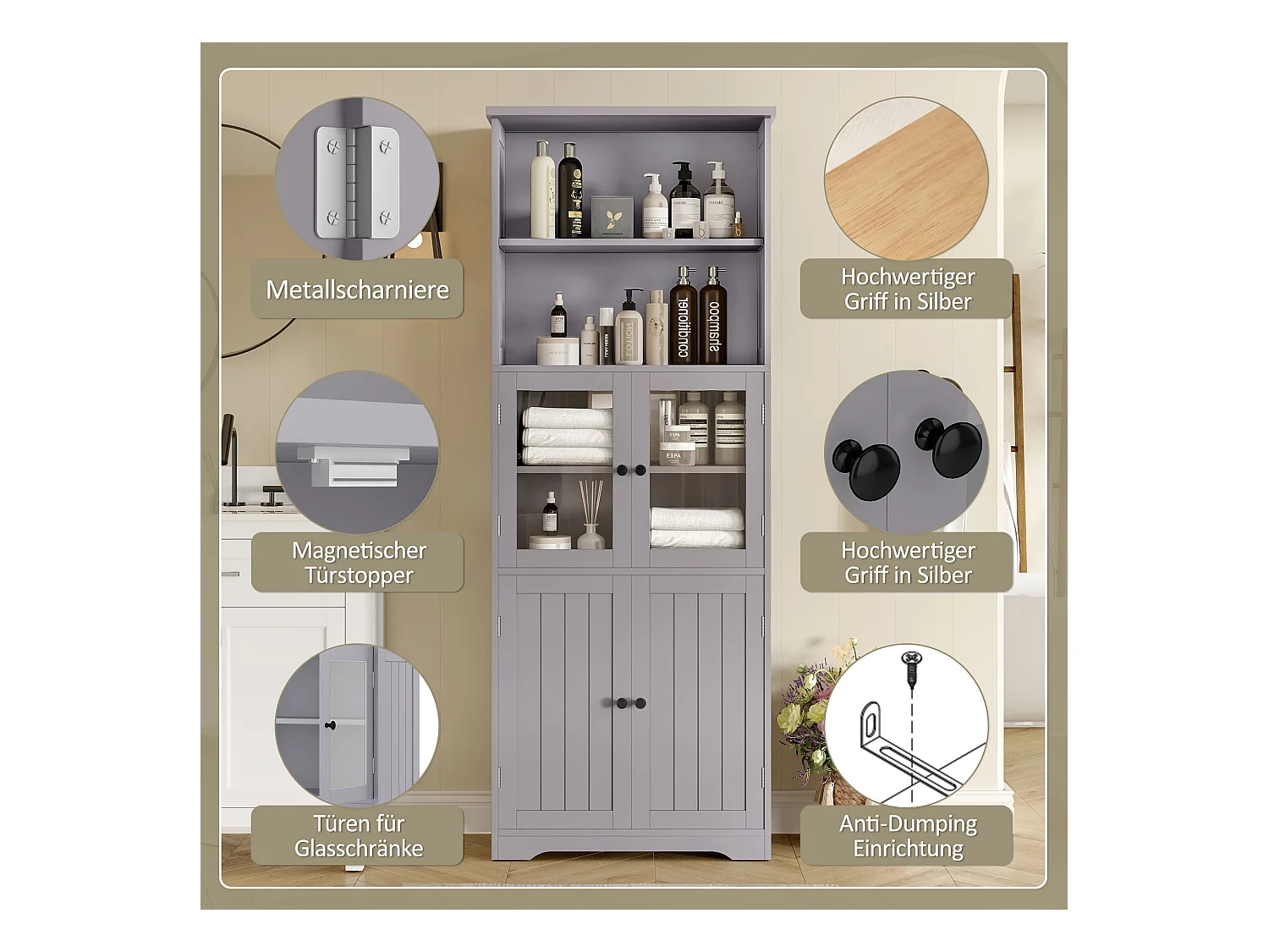 Mueble de baño - 57,5 ​​x 28,5 x 160 cm - con 2 puertas de cristal + 2 puertas de madera + 2 espacios de almacenaje abiertos - MDF - Blanco