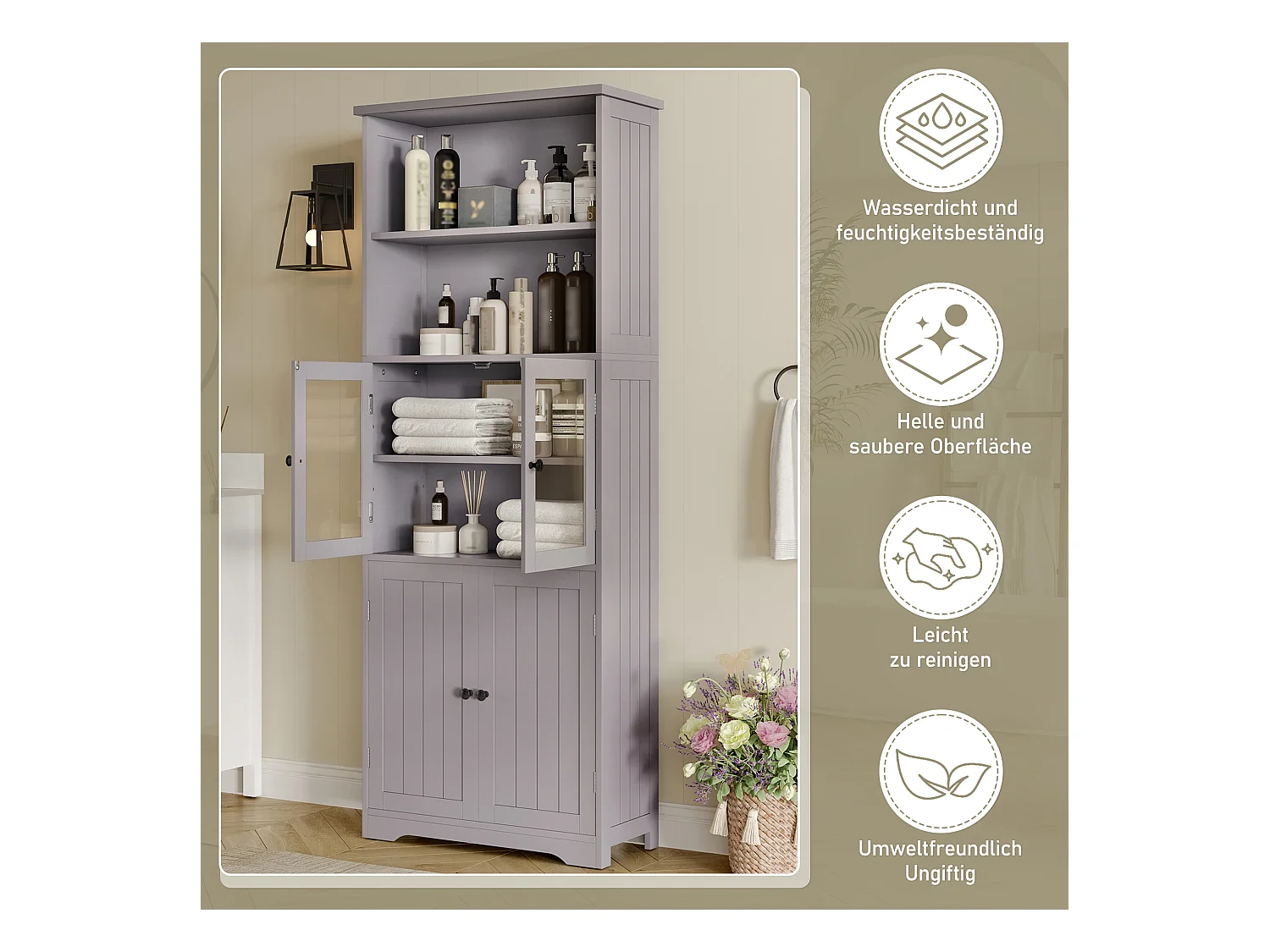 Mueble de baño - 57,5 ​​x 28,5 x 160 cm - con 2 puertas de cristal + 2 puertas de madera + 2 espacios de almacenaje abiertos - MDF - Blanco