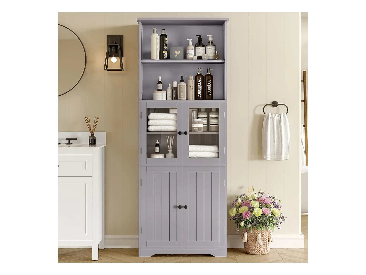 Badezimmerschrank – 57,5 ​​x 28,5 x 160 cm – mit 2 Glastüren + 2 Holztüren + 2 offenen Fächern – MDF Grau
