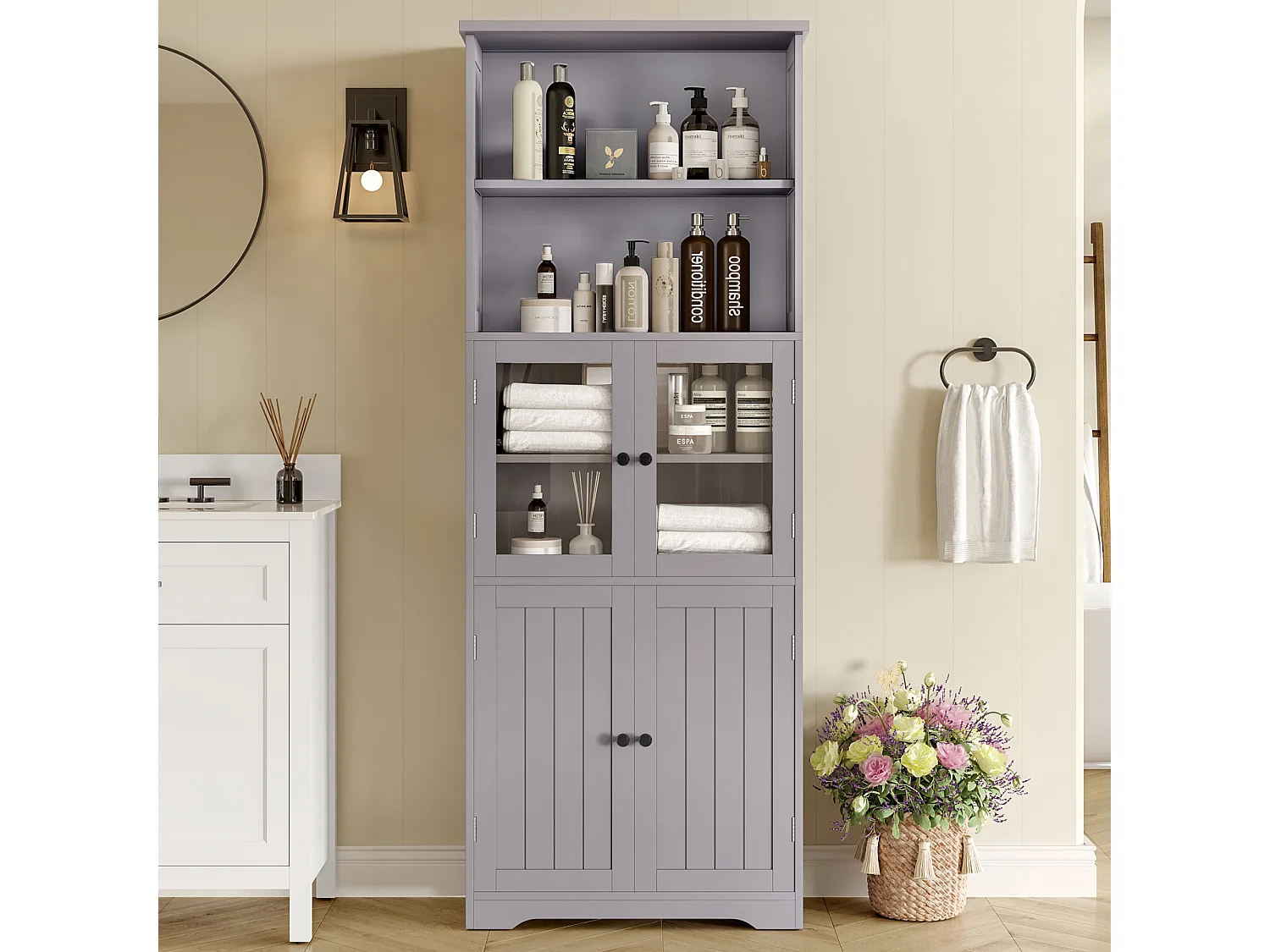 Colonne salle de bain - 57.5 x 28.5 x 160 cm - avec 2 portes vitrée + 2 portes en bois + 2 rangement ouverts - MDF - gris