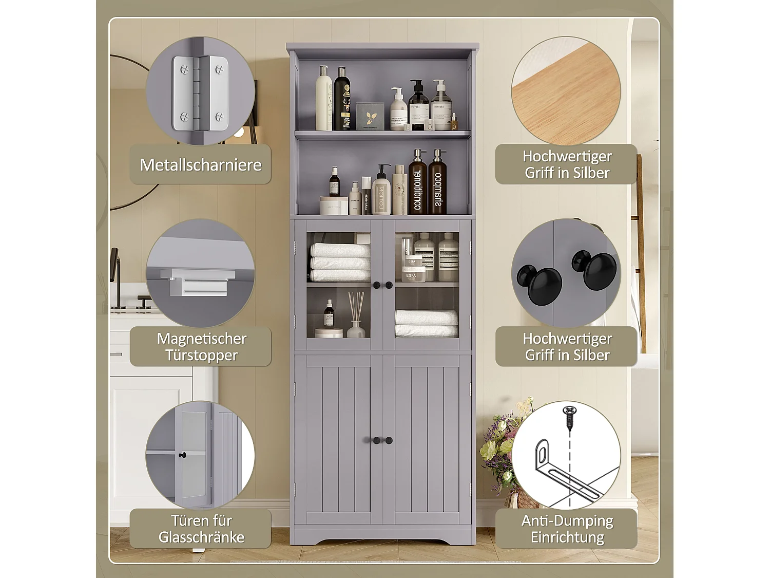 Colonne salle de bain - 57.5 x 28.5 x 160 cm - avec 2 portes vitrée + 2 portes en bois + 2 rangement ouverts - MDF - gris