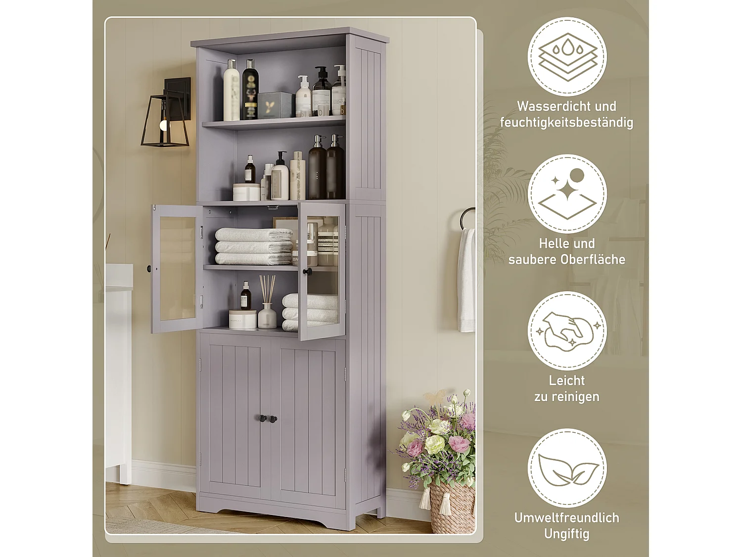Colonne salle de bain - 57.5 x 28.5 x 160 cm - avec 2 portes vitrée + 2 portes en bois + 2 rangement ouverts - MDF - gris