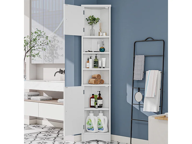 Colonne salle de bain triangulaire - 36.5 x 24.5 x 170 cm - 3 compartiments de rangement + 2 portes - MDF - blanc