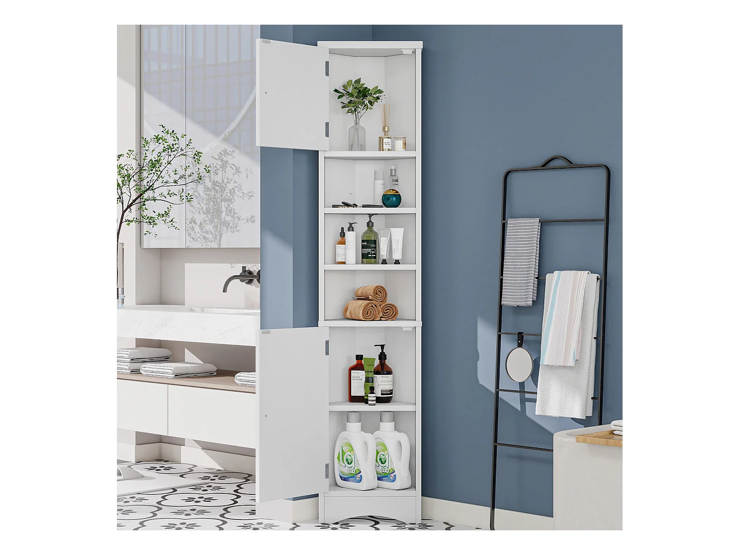Colonne salle de bain triangulaire - 36.5 x 24.5 x 170 cm - 3 compartiments de rangement + 2 portes - MDF - blanc