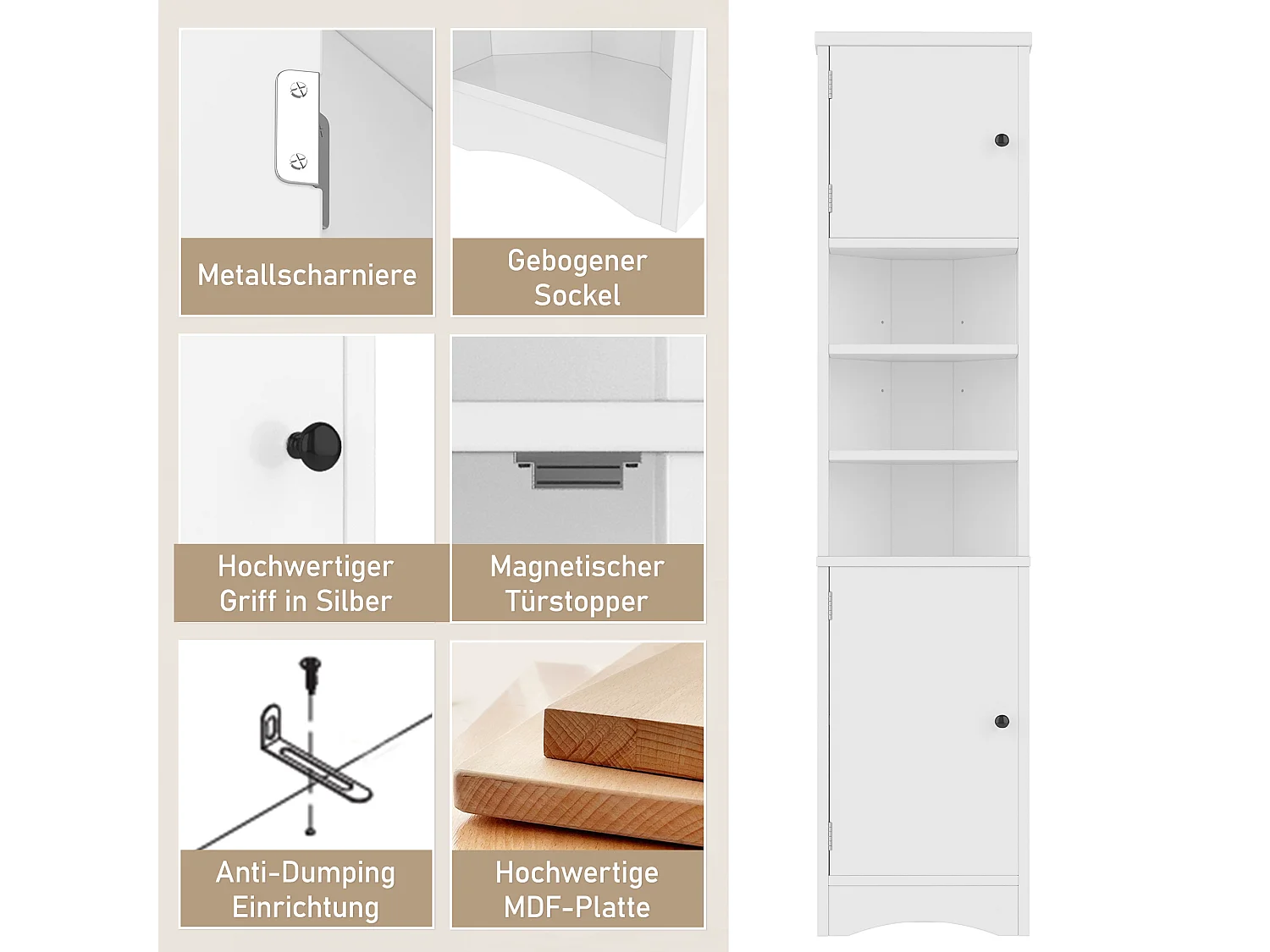 Trójkątna szafka łazienkowa - 36,5 x 24,5 x 170 cm - 3 przegródki + 2 drzwi - MDF - biały