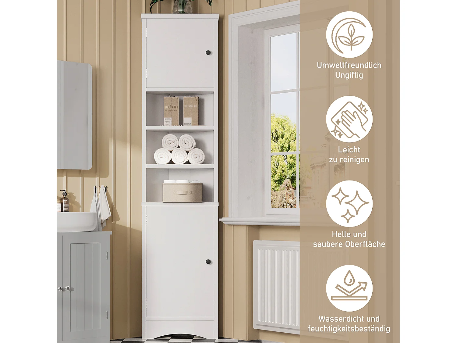 Trójkątna szafka łazienkowa - 36,5 x 24,5 x 170 cm - 3 przegródki + 2 drzwi - MDF - biały