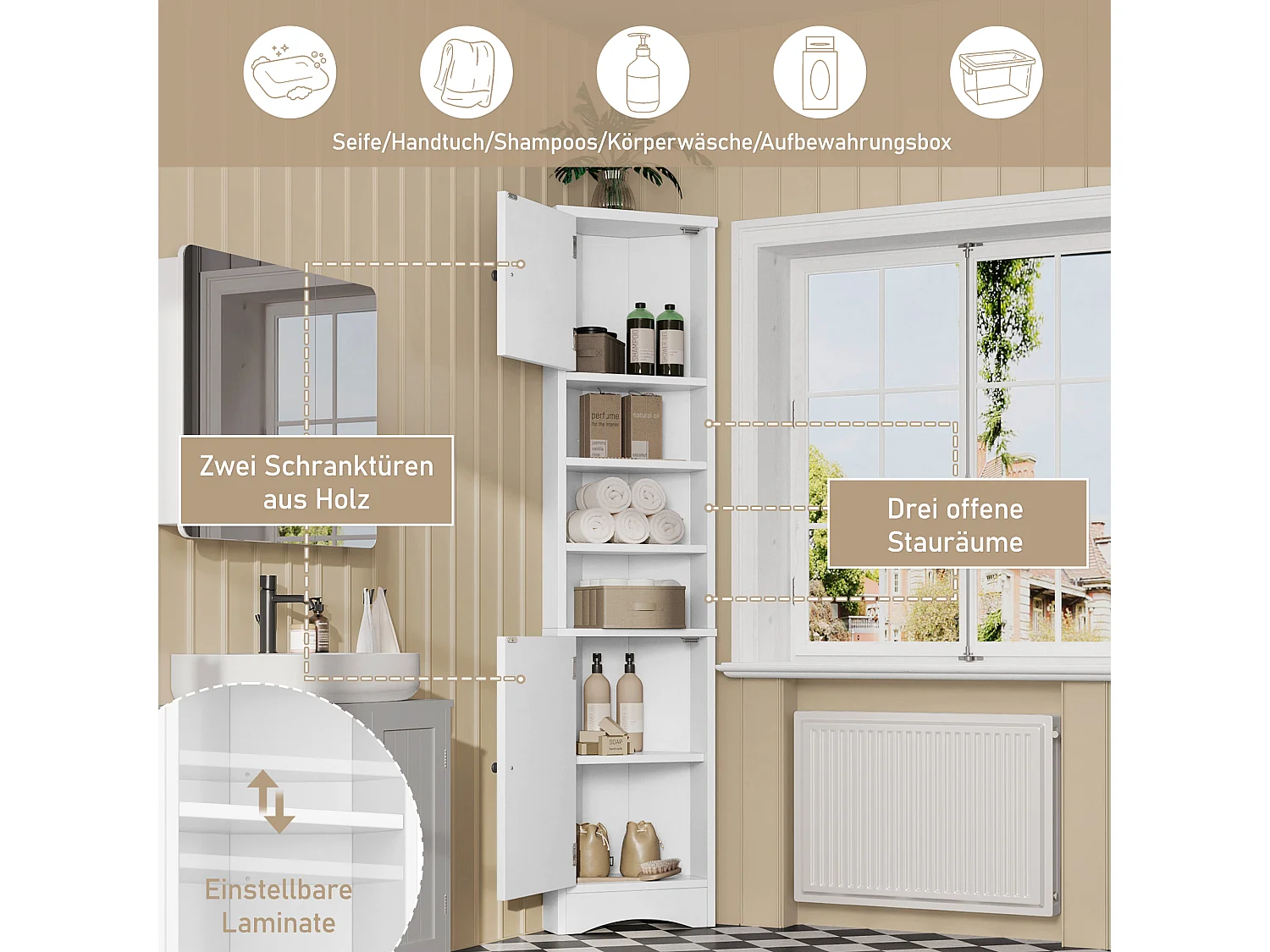 Trójkątna szafka łazienkowa - 36,5 x 24,5 x 170 cm - 3 przegródki + 2 drzwi - MDF - biały