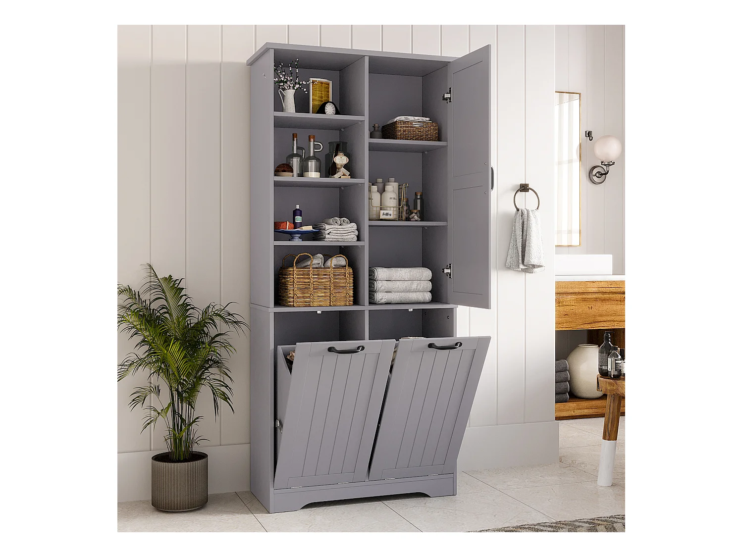 Colonne salle de bain - 78 x 35 x 172 cm - avec panier à linge + 4 compartiments + 1 porte - MDF - gris