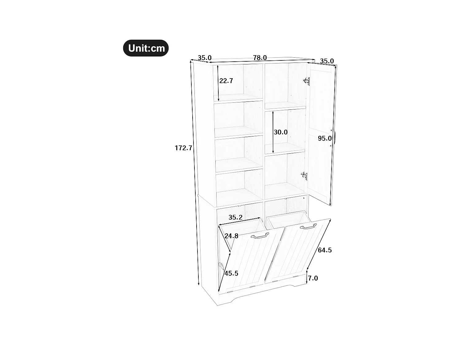 Badezimmerschrank – 78 x 35 x 172 cm – mit Wäschekorb + 4 Fächern + 1 Tür – DMF – Grau