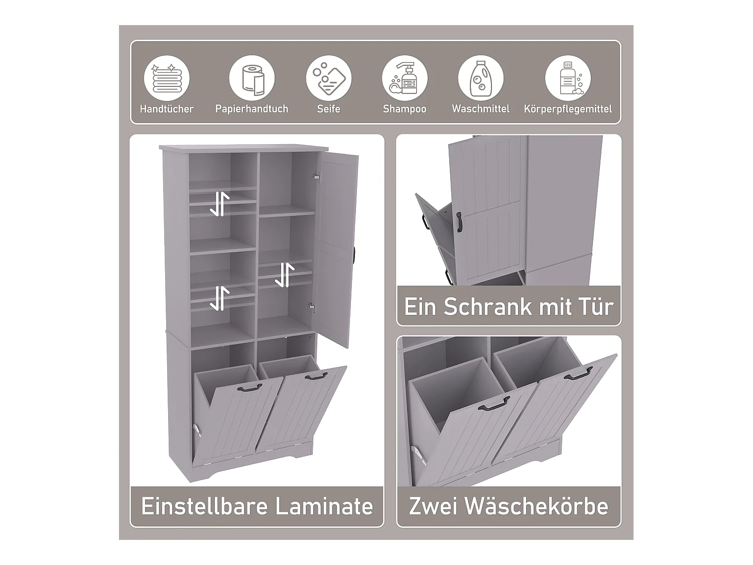 Badezimmerschrank – 78 x 35 x 172 cm – mit Wäschekorb + 4 Fächern + 1 Tür – DMF – Grau