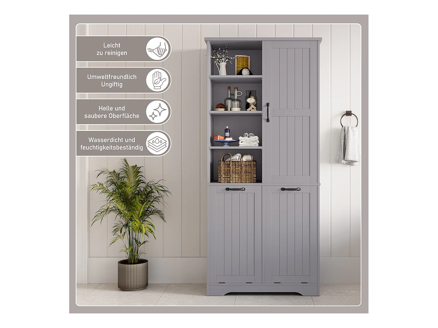 Badezimmerschrank – 78 x 35 x 172 cm – mit Wäschekorb + 4 Fächern + 1 Tür – DMF – Grau