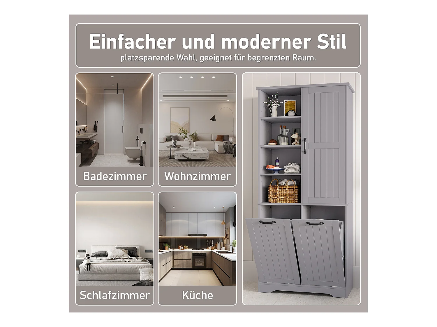Badezimmerschrank – 78 x 35 x 172 cm – mit Wäschekorb + 4 Fächern + 1 Tür – DMF – Grau