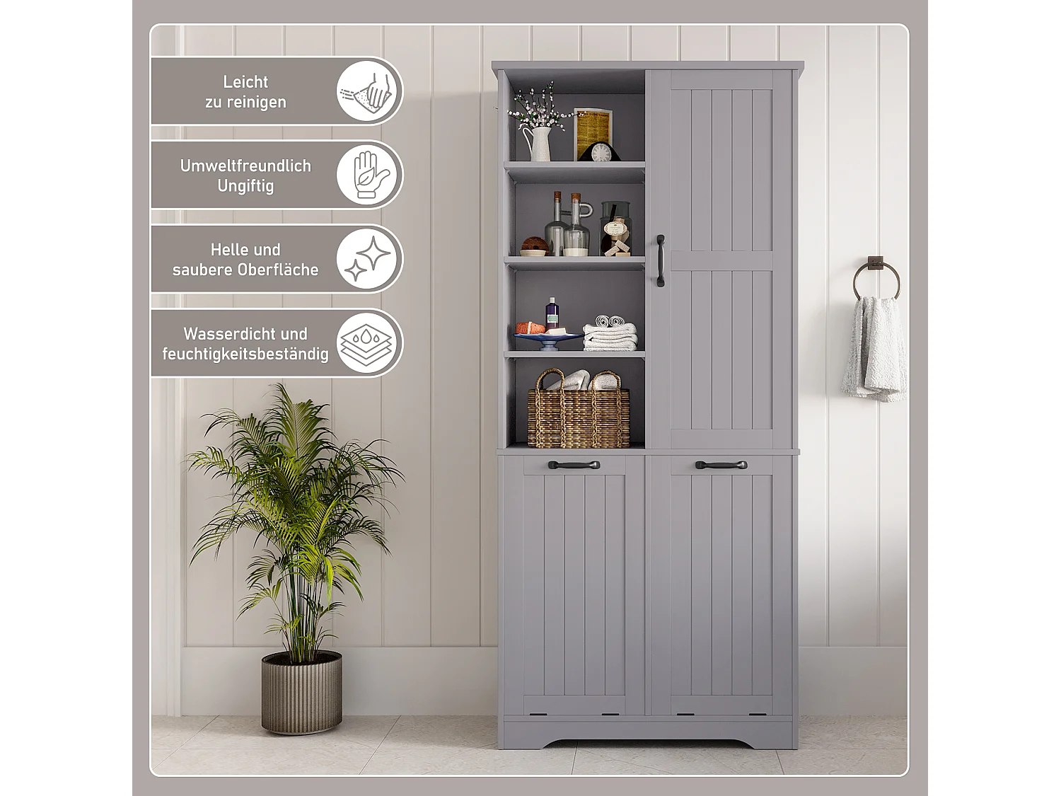 Colonne salle de bain - 78 x 35 x 172 cm - avec panier à linge + 4 compartiments + 1 porte - MDF - gris