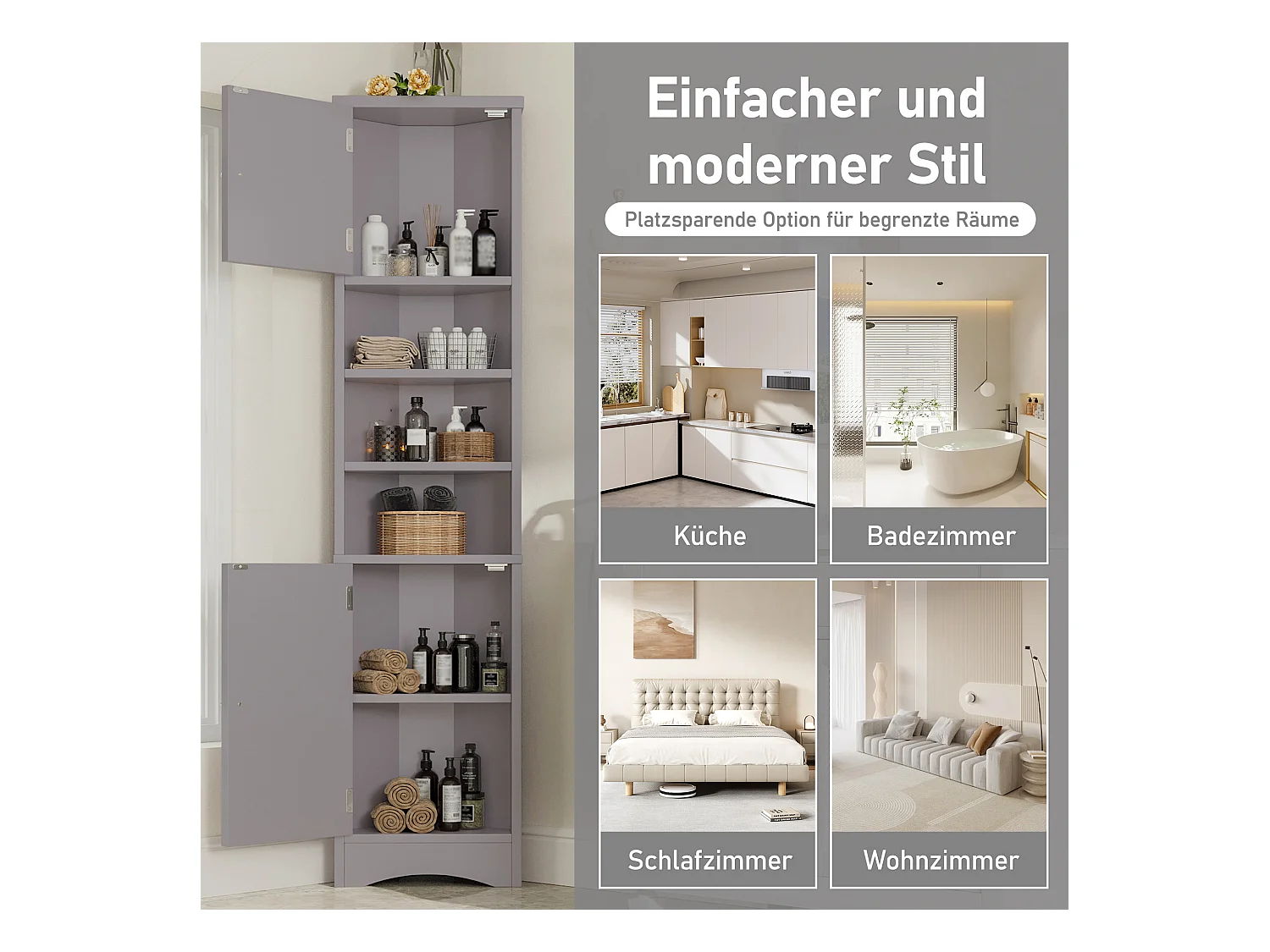 Trójkątna szafka łazienkowa - 36,5 x 24,5 x 170 cm - 3 przegródki + 2 drzwi - MDF - szary