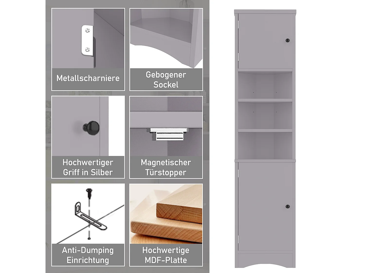 Colonne salle de bain triangulaire - 36.5 x 24.5 x 170 cm - 3 compartiments de rangement + 2 portes - MDF - gris