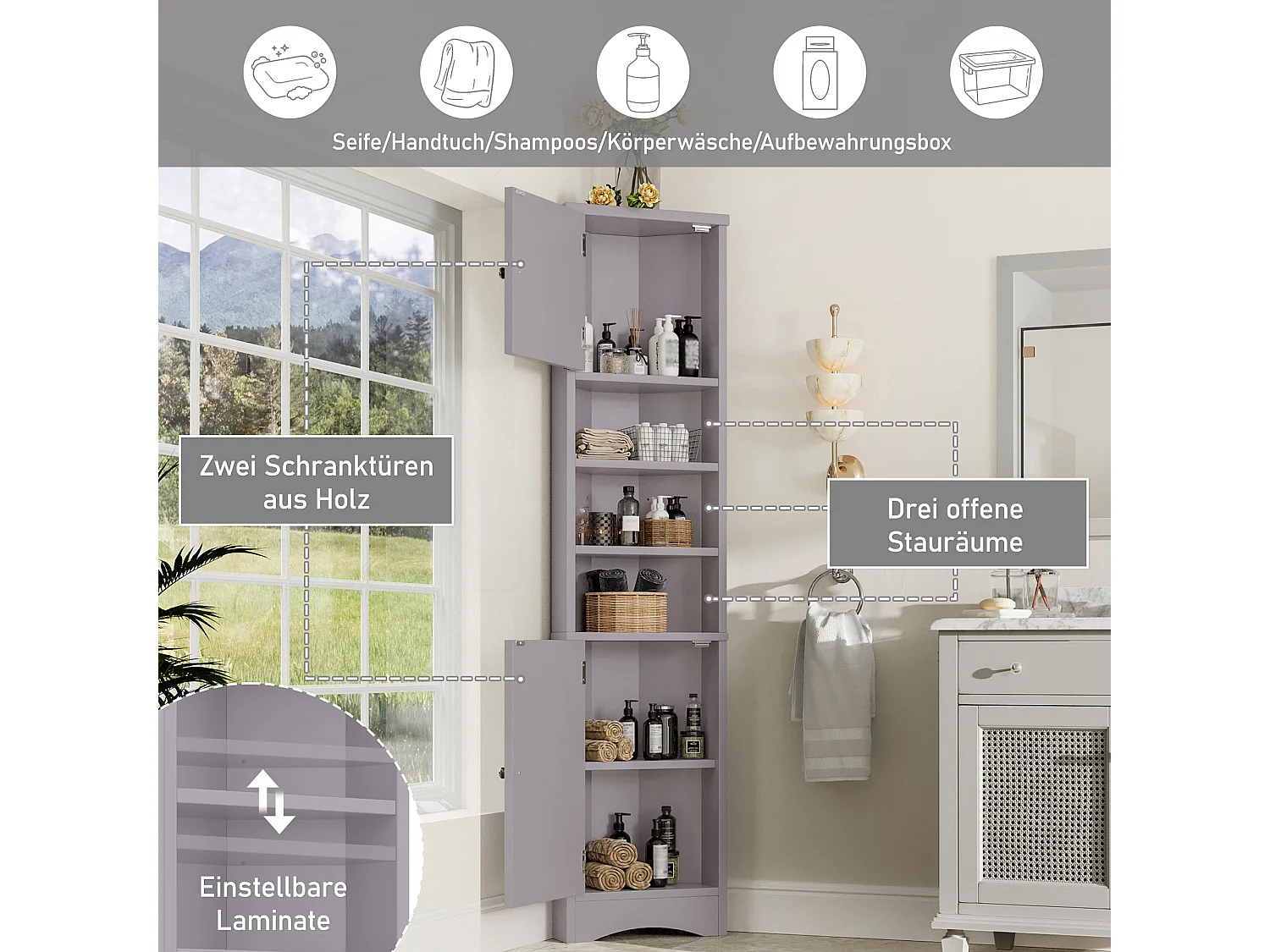 Colonne salle de bain triangulaire - 36.5 x 24.5 x 170 cm - 3 compartiments de rangement + 2 portes - MDF - gris