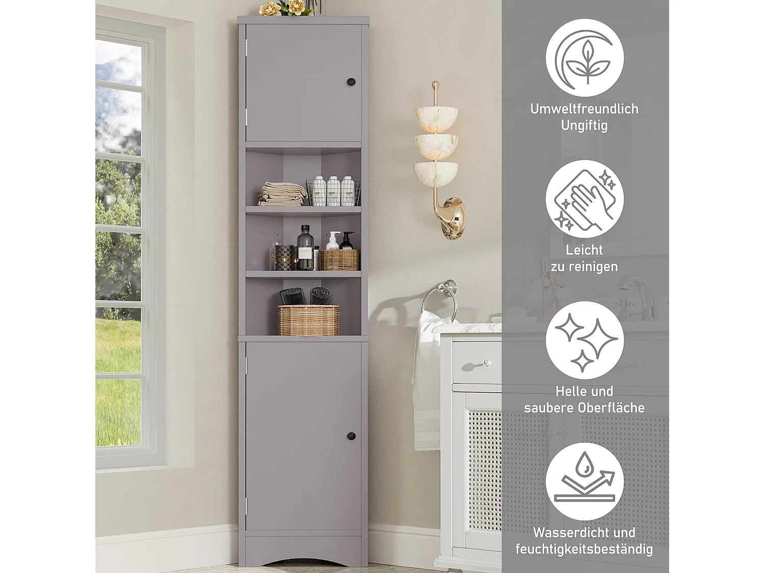 Colonne salle de bain triangulaire - 36.5 x 24.5 x 170 cm - 3 compartiments de rangement + 2 portes - MDF - gris