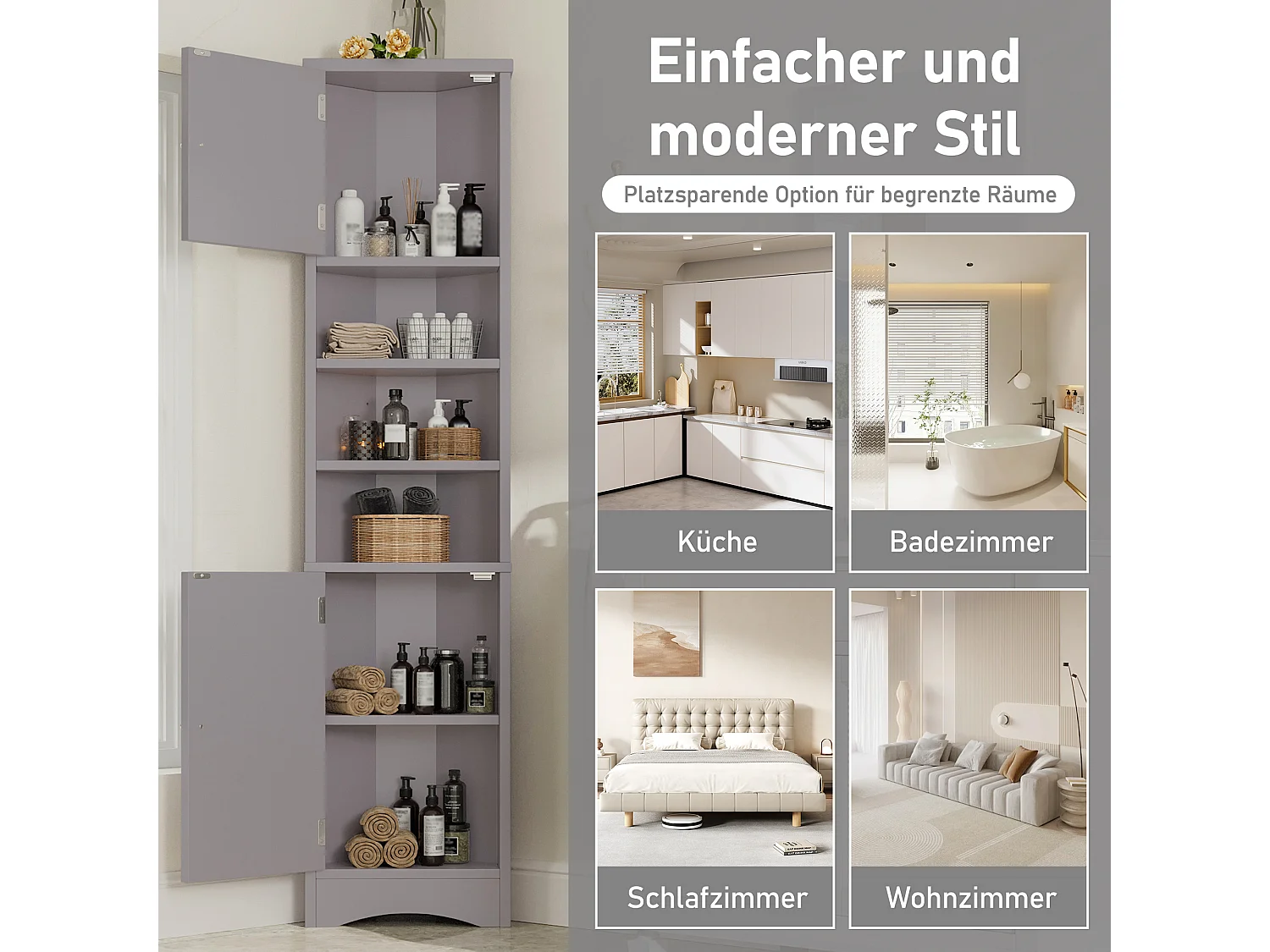 Colonne salle de bain triangulaire - 36.5 x 24.5 x 170 cm - 3 compartiments de rangement + 2 portes - MDF - gris