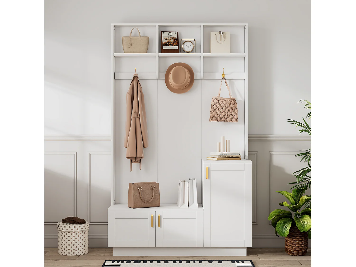 Garderoben-Set mit Schuhregal – 120 x 40 x 200 cm – mit 3 Türen + 3 Haken – Spanplatte – Weiß