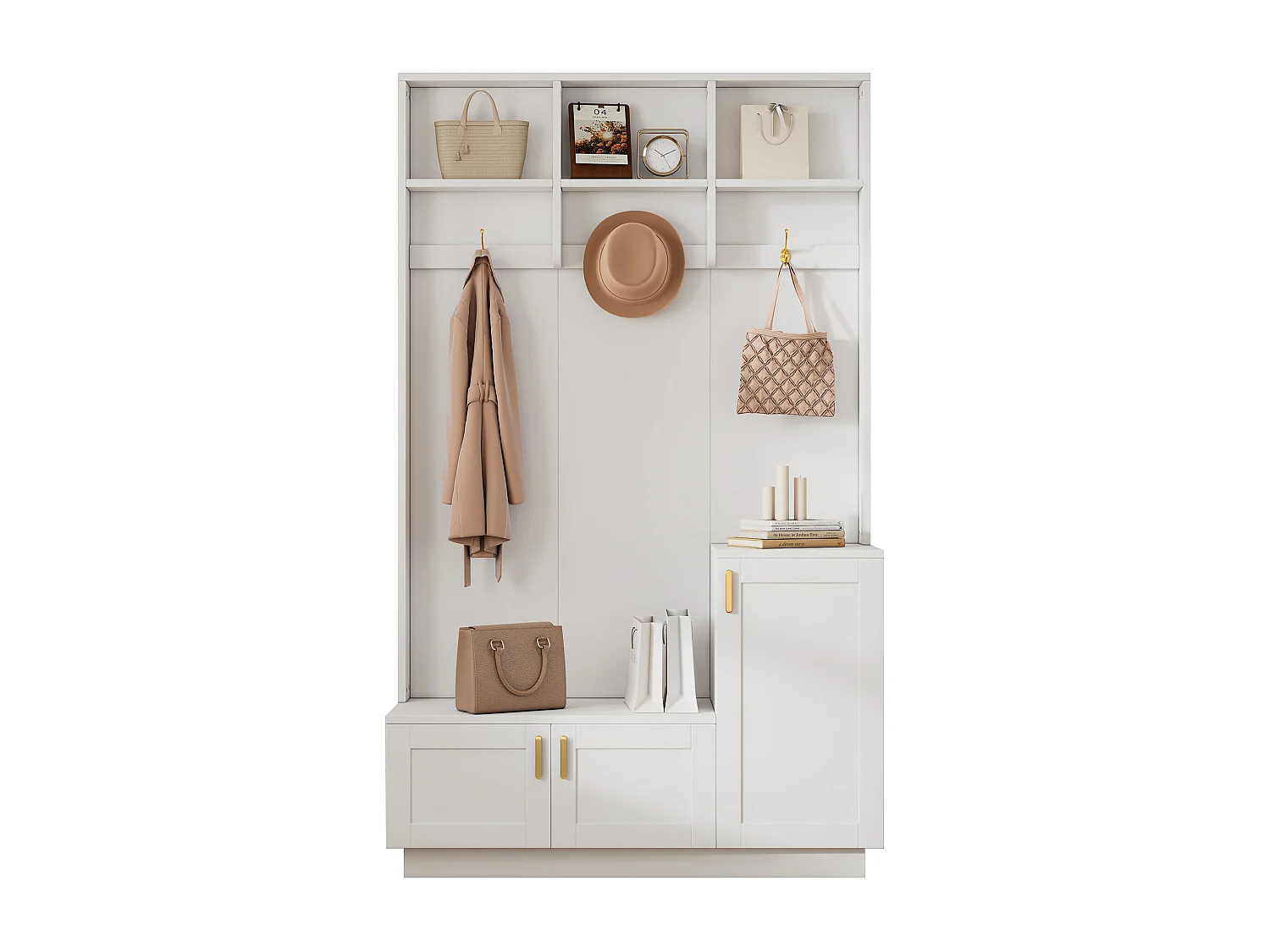 Garderoben-Set mit Schuhregal – 120 x 40 x 200 cm – mit 3 Türen + 3 Haken – Spanplatte – Weiß