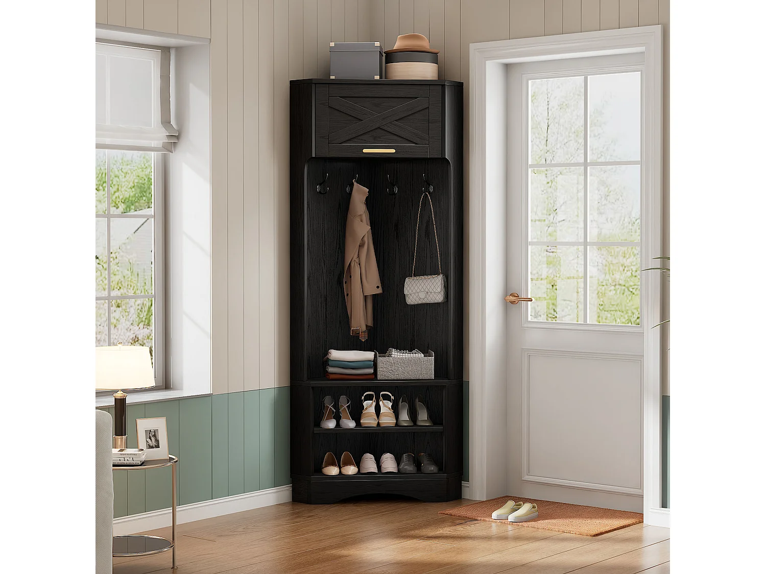 Modernes Kleiderschrank-Set – 75 x 53 x 180 cm – Eckschrank – 4 Haken – Spanplatte – Schwarz