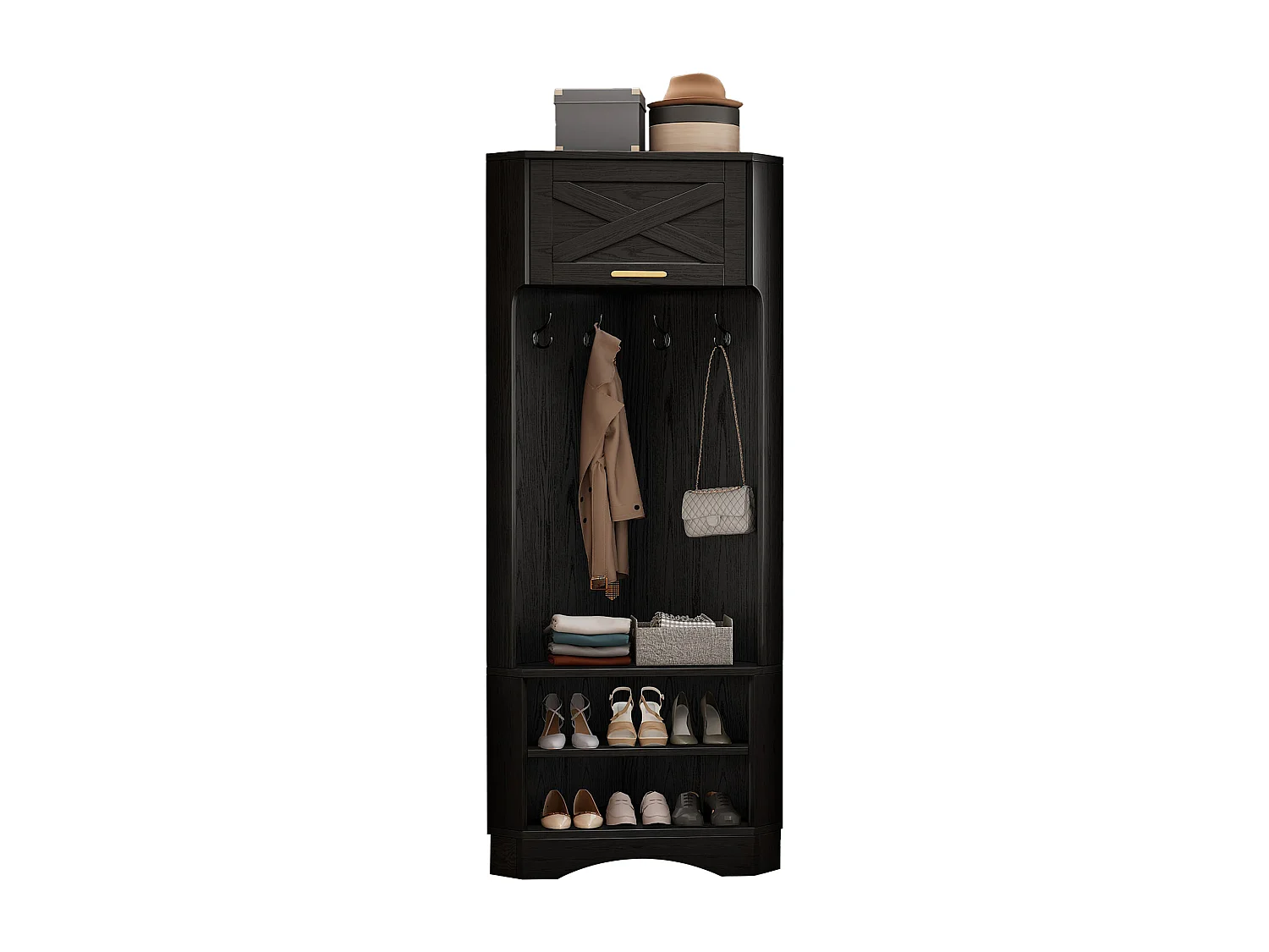 Modernes Kleiderschrank-Set – 75 x 53 x 180 cm – Eckschrank – 4 Haken – Spanplatte – Schwarz