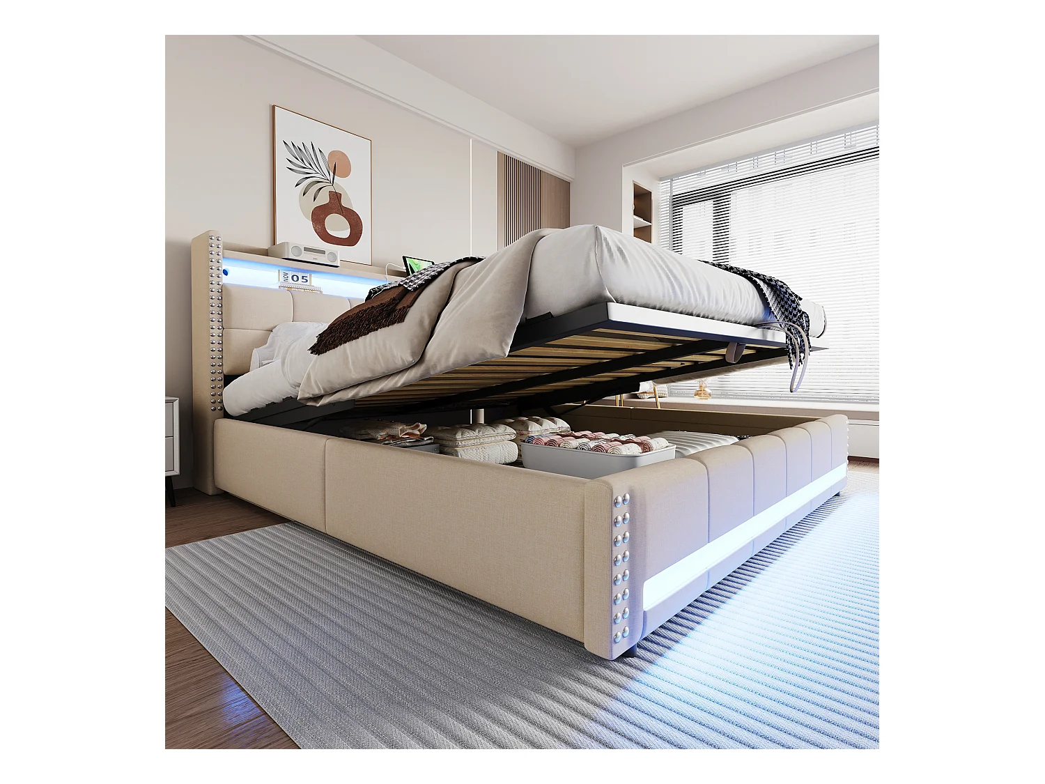 Lit coffre rembourré double - 180 x 200 cm - avec Leds + USB + tête de lit avec rangement - lin + métal + contreplaqué + MDF - beige