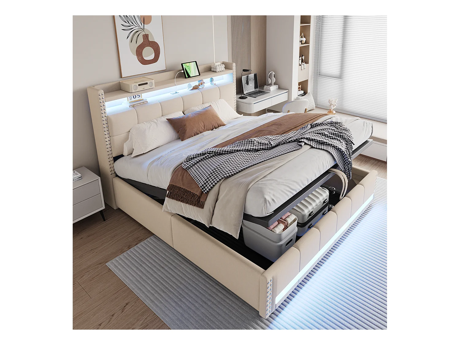 Lit coffre rembourré double - 180 x 200 cm - avec Leds + USB + tête de lit avec rangement - lin + métal + contreplaqué + MDF - beige