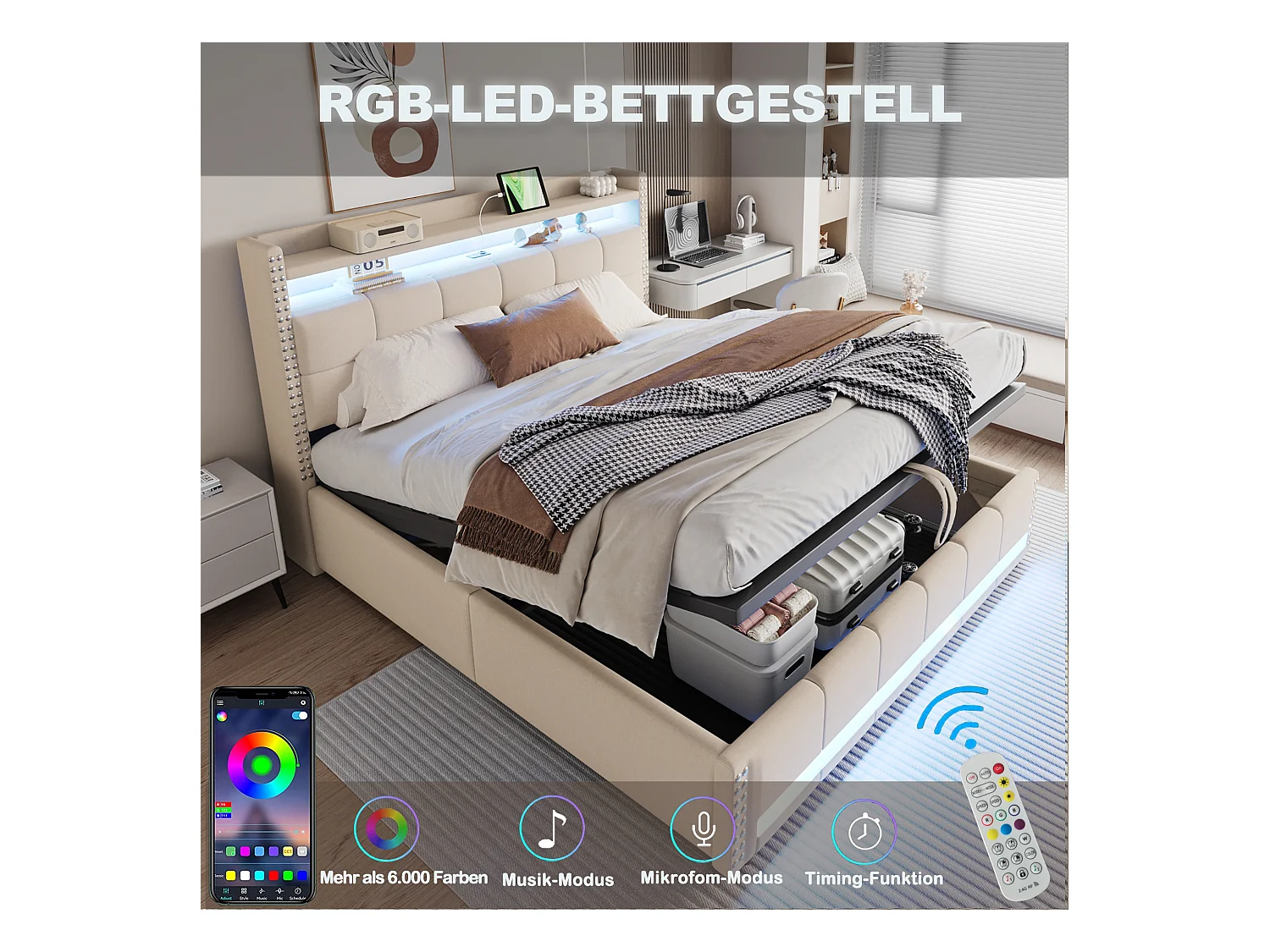 Lit coffre rembourré double - 180 x 200 cm - avec Leds + USB + tête de lit avec rangement - lin + métal + contreplaqué + MDF - beige