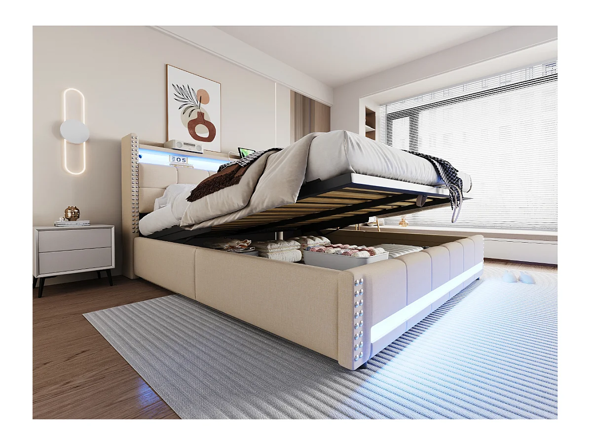 Lit coffre rembourré double - 180 x 200 cm - avec Leds + USB + tête de lit avec rangement - lin + métal + contreplaqué + MDF - beige
