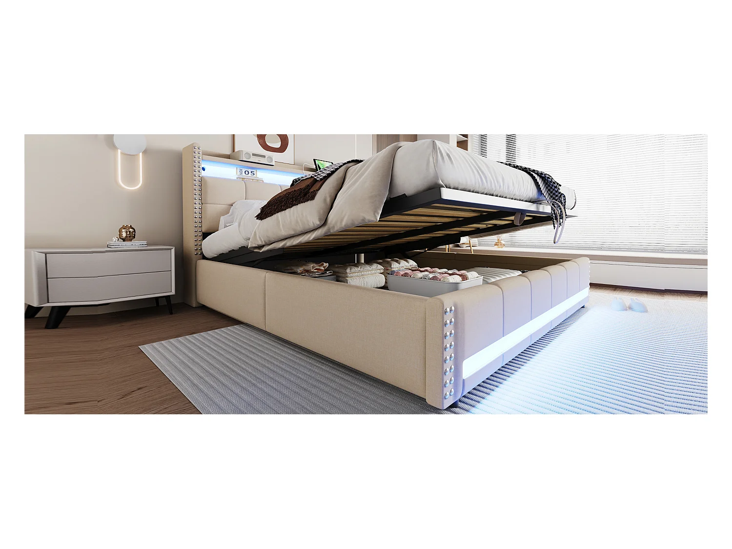 Lit coffre rembourré double - 180 x 200 cm - avec Leds + USB + tête de lit avec rangement - lin + métal + contreplaqué + MDF - beige