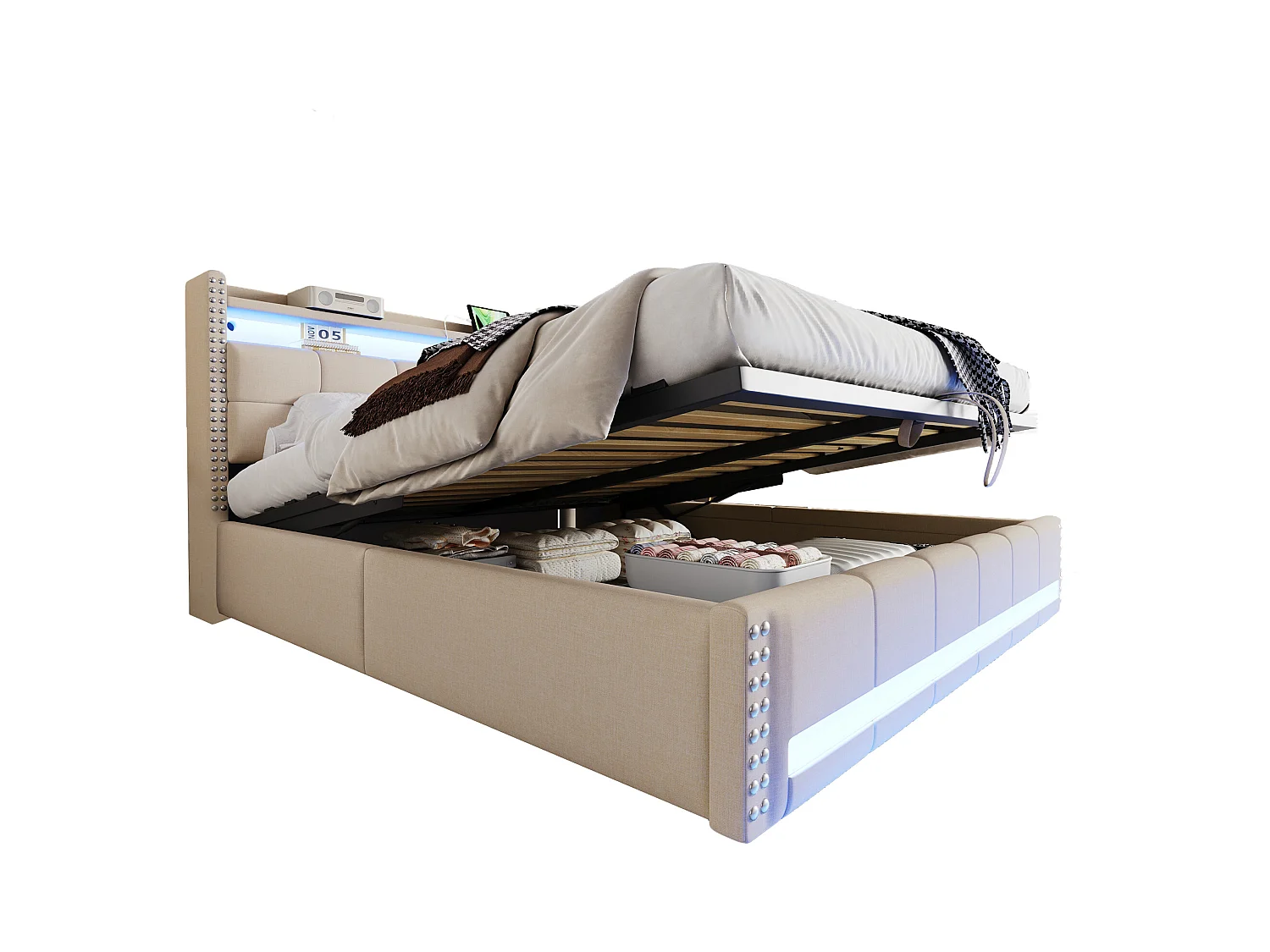 Lit coffre rembourré double - 180 x 200 cm - avec Leds + USB + tête de lit avec rangement - lin + métal + contreplaqué + MDF - beige