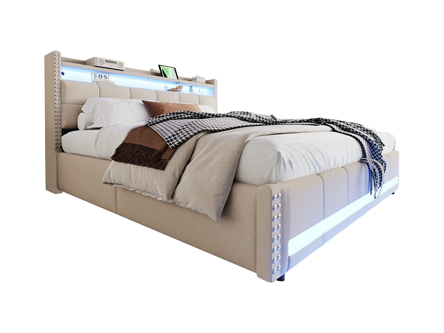 Lit coffre rembourré double - 180 x 200 cm - avec Leds + USB + tête de lit avec rangement - lin + métal + contreplaqué + MDF - beige