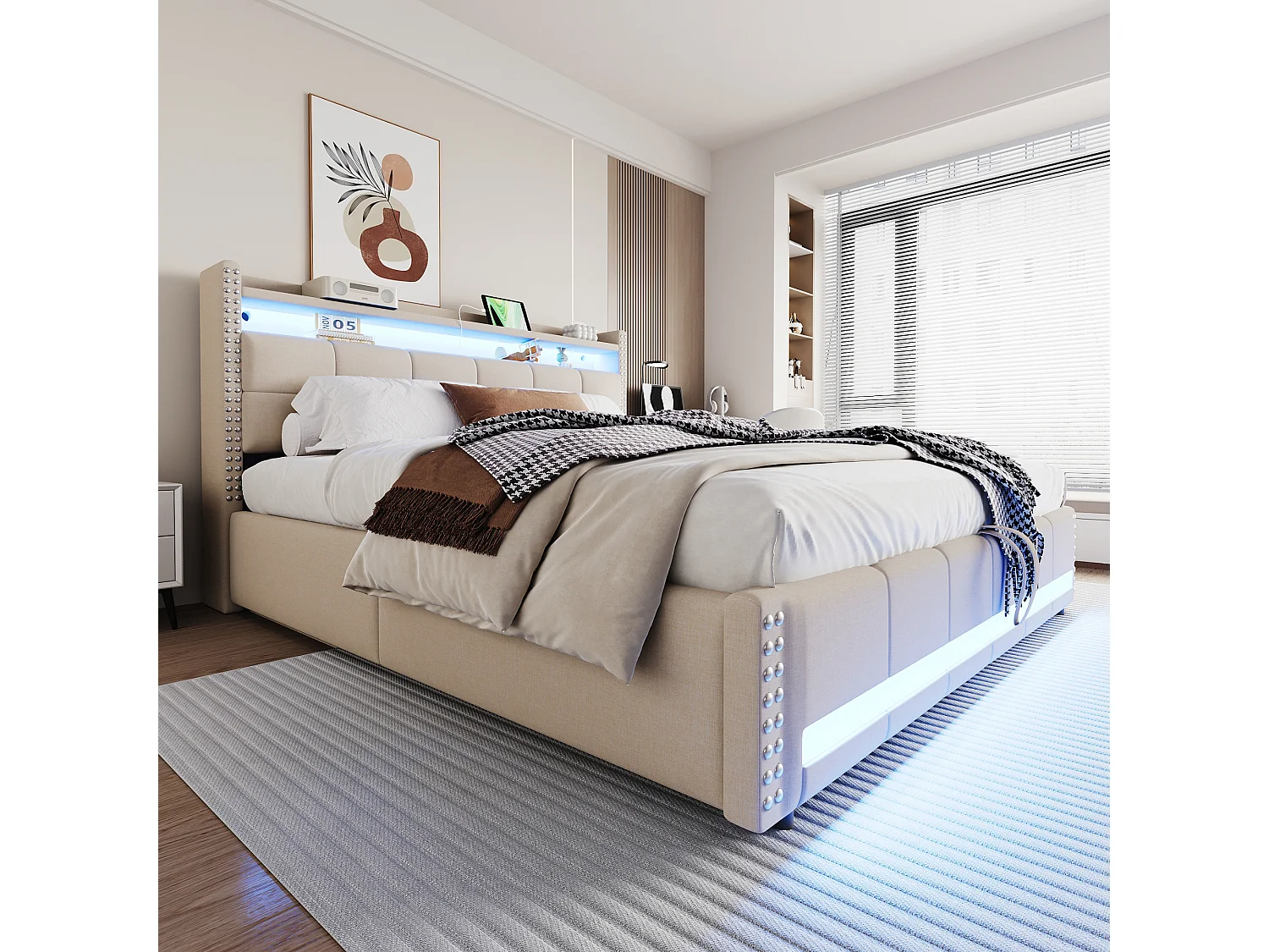 Cama doble tapizada con almacenaje - 180 x 200 cm - con LED + USB + cabecero con almacenaje - Lino + Metal + Contrachapado + MDF - Beige