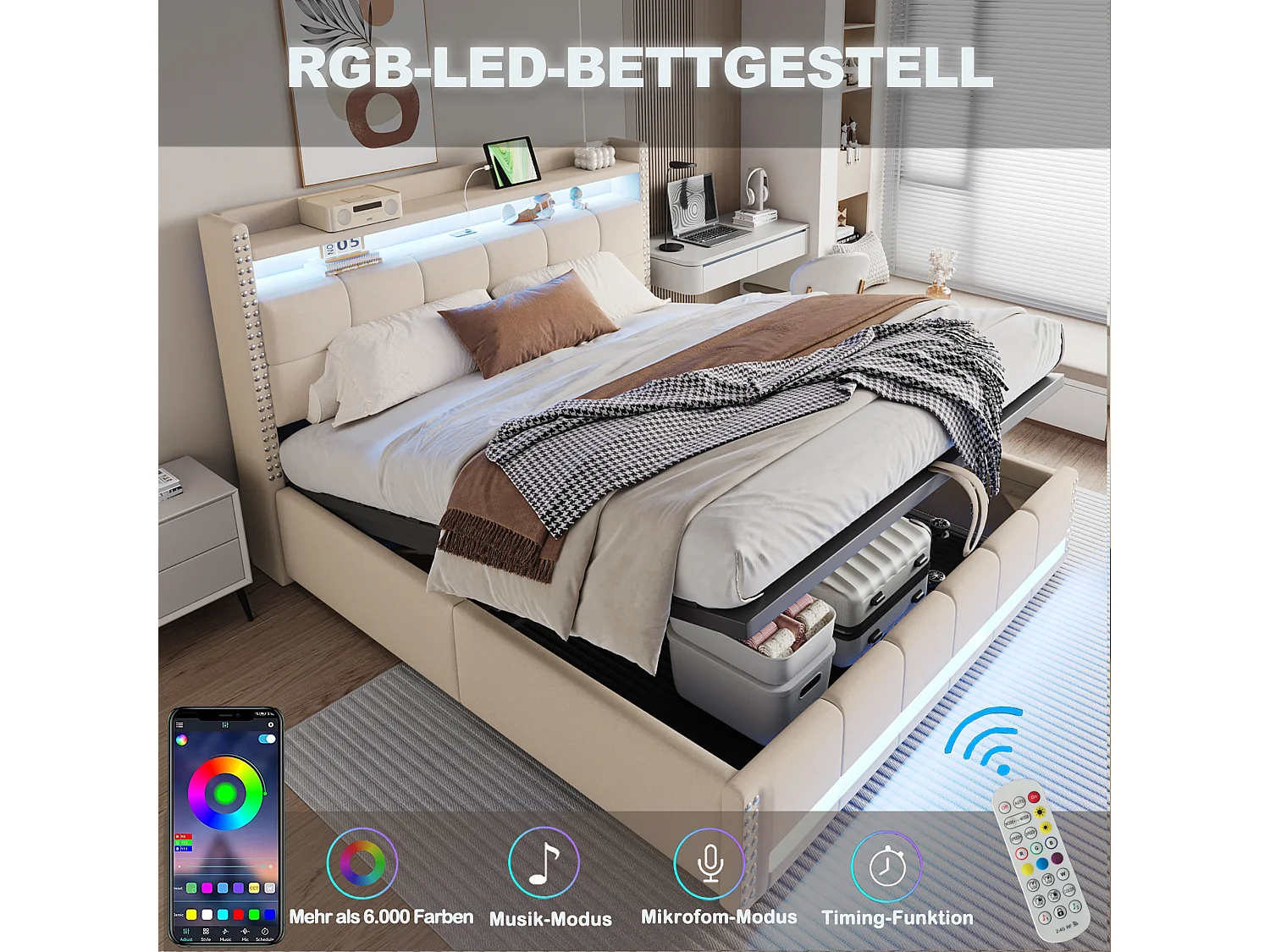 Cama doble tapizada con almacenaje - 180 x 200 cm - con LED + USB + cabecero con almacenaje - Lino + Metal + Contrachapado + MDF - Beige